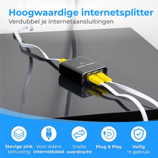 Nuvance - Internet Splitter - 2 Poorten - Netwerk Switch - tot 1000Mbps - Netwerk Splitter - RJ45, Cat5, Cat6, LAN, UTP, Ethernet Splitter - Zwart