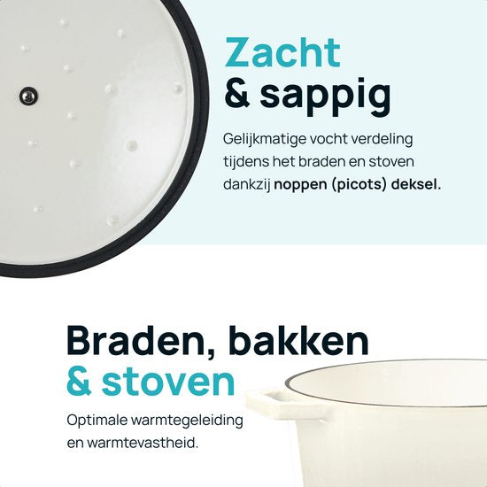 MOA Gietijzeren Braadpan - 5,7L - Voor Alle Warmtebronnen incl. Inductie - Met Deksel - Ø 26cm - Anti-Aanbaklaag - Wit