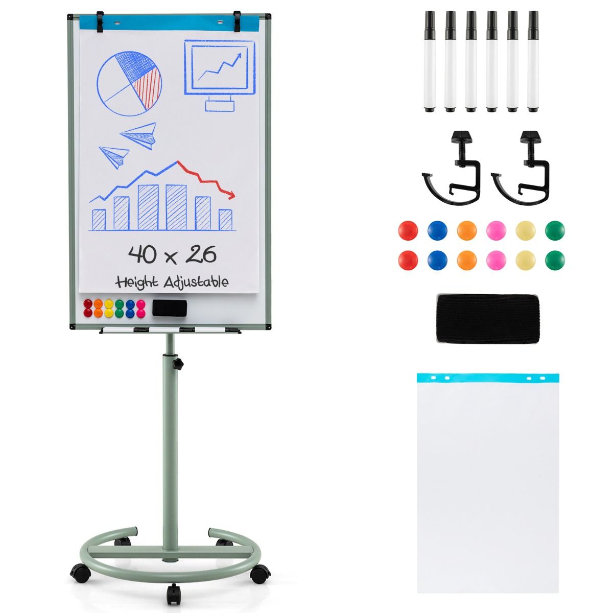 Coast Verrijdbaar Whiteboard met Magneten en Markers - In Hoogte Verstelbaar - Groen - 100 x 65 cm