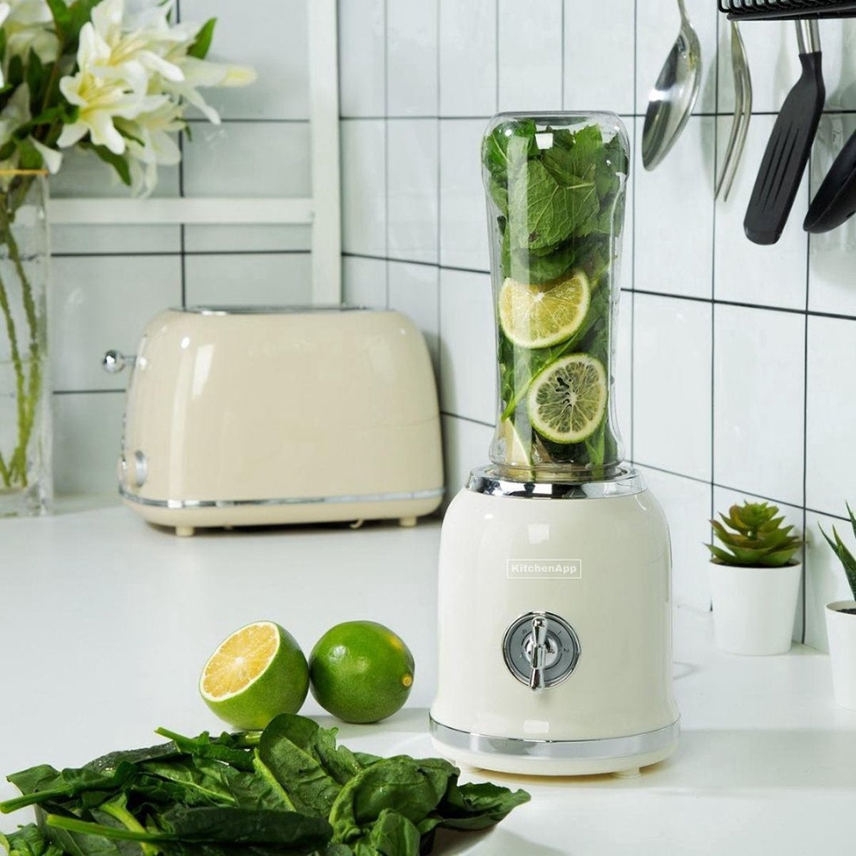 KitchenApp - Retro Blender - Inclusief twee flessen en meerdere accesoires - Beige