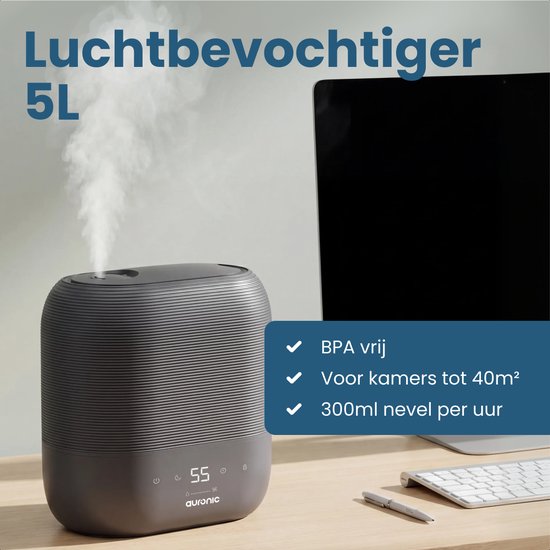 Auronic Luchtbevochtiger - 5L - Geschikt voor Slaapkamer, Babykamer, Kantoor, Woonkamer en Meer - Humidifier - BPA-Vrij - Antraciet