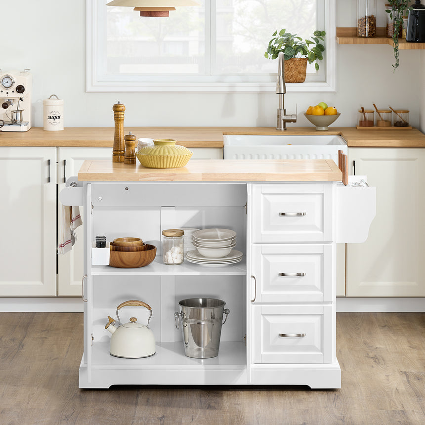 SoBuy Mobiel Keukeneiland met Wielen – Uitschuifbaar Werkblad – 3 Lades & Kast – 130 cm