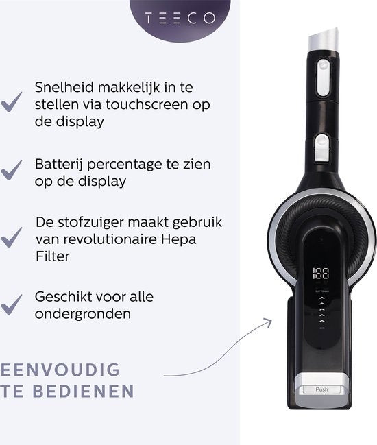 Teeco Steelstofzuiger Draadloos - Zonder zak - Kruimeldief - 4-in-1 - Zwart