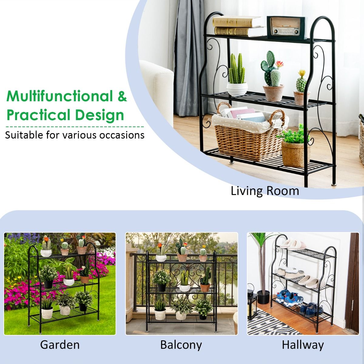 Coast Metalen Plantenstandaard - 3 niveaus - Multifunctionele opbergplank - Zwart 72 x 25 x 85 cm