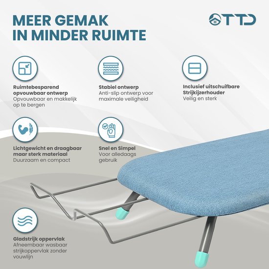 TTD® Uitklapbare Strijkplank Zonder Vouwlijn - Inclusief Mouwplankje en Ophanglus - Mini Strijkplank met Strijkijzerhouder - Opvouwbare Tafelstrijkplank - Kleine Inklapbare Strijkplank
