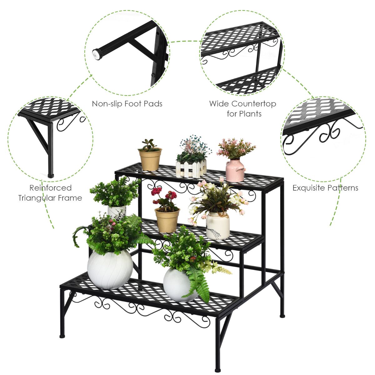 Coast Plantenrek met drie lagen - Metalen bloemenstandaard - Vrijstaande plantentrap - Zwart - 70 x 60 x 60,5 cm