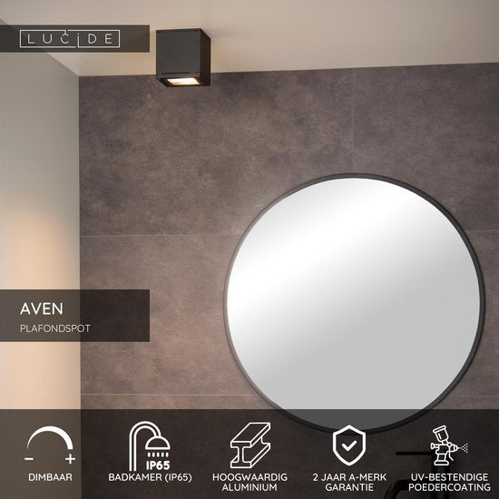 Lucide AVEN - Plafondspot (Plafondlamp) Badkamer - 1xGU10 - IP65 - Zwart