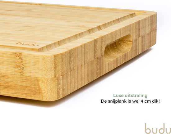 Budu Snijplank Dik Deluxe - Bamboe - 4CM dik - Snijplank Hout - Houten Snijplanken - Snijplank Cadeau - 29,5 x 40 x 4 cm