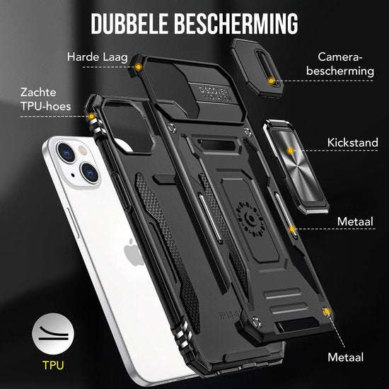 Podec Hoesje geschikt voor iPhone 13 Mini Telefoonhoesje - Anti-Shock Case Cover Hybrid Armor Hoes met Kickstand Ring met Screenprotector