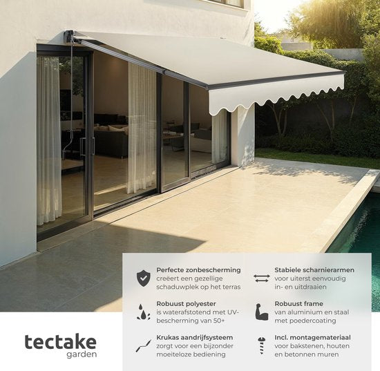 tectake® Zonnescherm met Knikarm - 250 x 200 cm - Zonneluifel - Zonwering voor Raam, Balkon, Buiten - Te Monteren aan Muur - Water- en UV-Bestendig - Beige