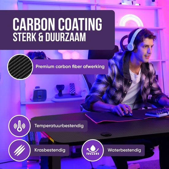 Avalo - Gaming Bureau & L-Vormig Hoekbureau - 160x100x75 cm - Met RGB LED-verlichting - Bekerhouder & Headsethaak - RVS & ABS - Zwart