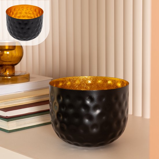 Gadgy Waxinelichthouder Rond - Theelichthouders - Decoratie Woonkamer - Sfeerverlichting Binnen - Kaarsenhouders voor Waxinelichten 14x15 cm - Windlicht Metaal - Zwart/Goud - Cadeau voor Vrouw