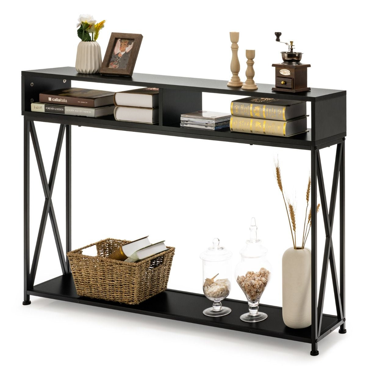 Coast Console Tafel - 2 Opbergvakken 1 Open Plank - 120 x 23 x 79 cm - Zwart - Staal+Hout