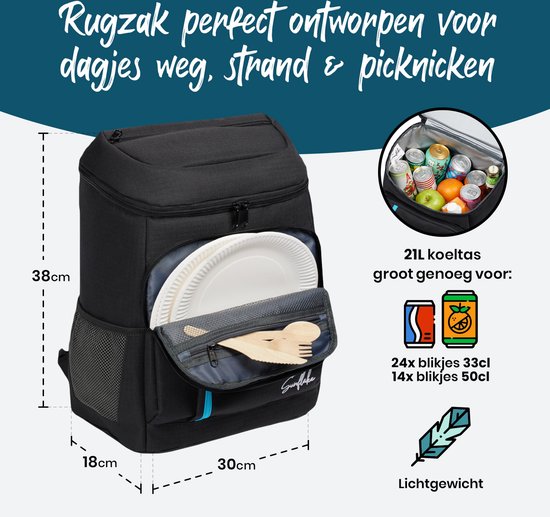 Koeltas Rugzak 20 liter - Compacte Geïsoleerde Koelrugtas - Backpack Lichtgewicht Koelrugzak - Zwart - Sunflake