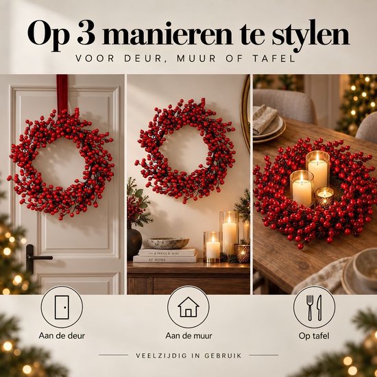 Mica Decorations Kerstversiering met Rode Besjes - Kerstkrans voor de Kerstsfeer in Huis - Ø50 cm van Foam Materiaal - Deurkrans voor Binnenshuis in de Kerstperiode - Rood