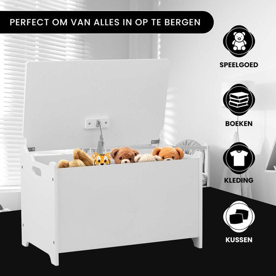 Oemmie Speelgoedkist - Opbergbox - Opbergkist - Opbergbak - Opbergkist kinderen - 60x40x37cm - Veiligheidsscharnieren - Wit