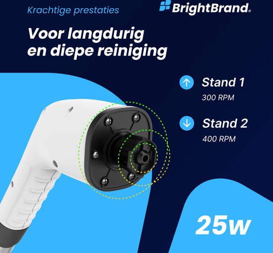 Brightbrand PowerScrub Pro - Elektrische schoonmaakborstel - Schrobborstel - Voor Badkamer en Keuken - Reiniger - Schrobber Met Steel – Luiwagen – Polijstmachine - poetsmachine met 10 opzetstukken