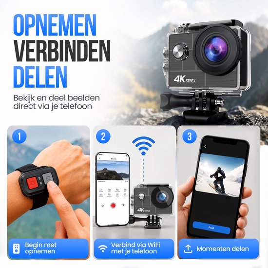Strex Action Camera 4K 30MP - Tot 30 meter Waterdicht, EIS Stabilisatie & WiFi App - Waterdichte 60FPS Onderwatercamera - Bodycam - Actie camera