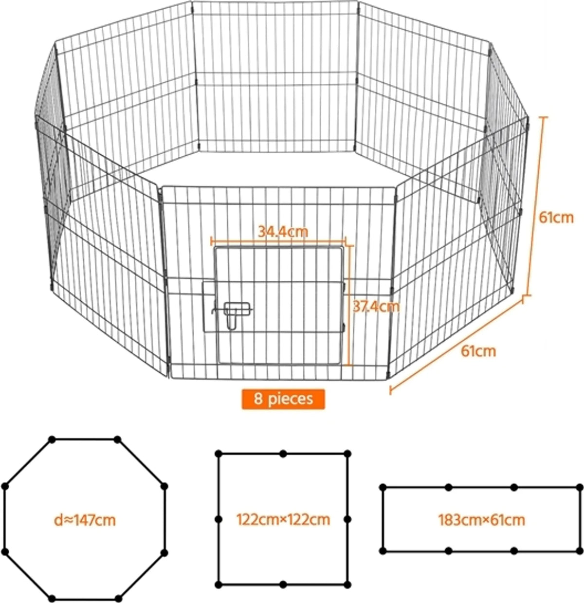Yaheetech Puppyren Speelren – 61 x 61 cm Per Paneel – Voorzien Van 8 Panelen En Veiligheidsslot En Afgeronde Randen En Grondpinnen – Voor Puppy En Konijn – Zwart Metaal