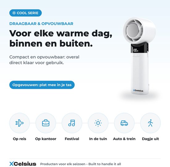 XCelsius® Handventilator - Draagbare Mini Ventilator Opvouwbaar - Oplaadbaar met USB-C - 0% tot 100% traploos instelbaar - Met Instant Koelplaat - Wit