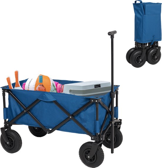 Bolderkar opvouwbaar - Bolderwagen met Luchtbanden - 43x21x80cm - Belastbaar tot 70 kg - Extra Stevig Harmonicaframe - Inclusief Bodemplaat en Opbergtas - Trekwagen, Transportkar en Strandkar voor Camping, Tuin, Festival, dagje uit - HC-0414 - Blauw