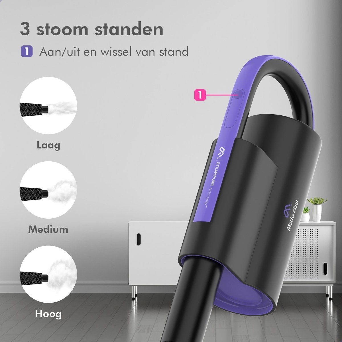 Motionflow Stoomreiniger – Instelbare Stoomkracht – 1200 W – 34 x 23 x 105 cm – Zwart/Paars