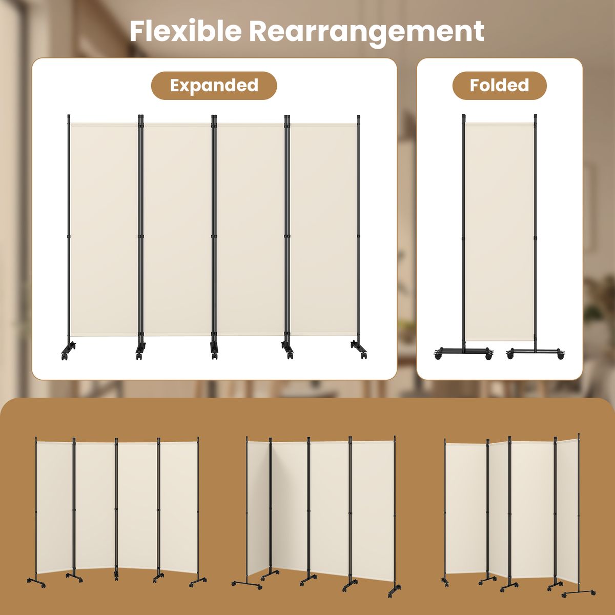 Coast 4-delige ruimteverdeler op wieltjes - opvouwbaar - inkijkbescherming - beige - 1 stuks