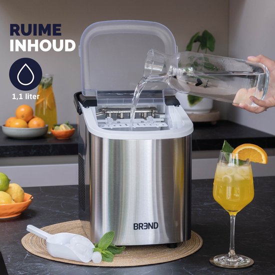 BREND BR-2213 IJsblokjesmachine met Schep en Lekbak - Grote L of Kleine S Ijsklontjes - Draagbare IJsblokjesmaker – 10 kg in 24 uur - Zilver