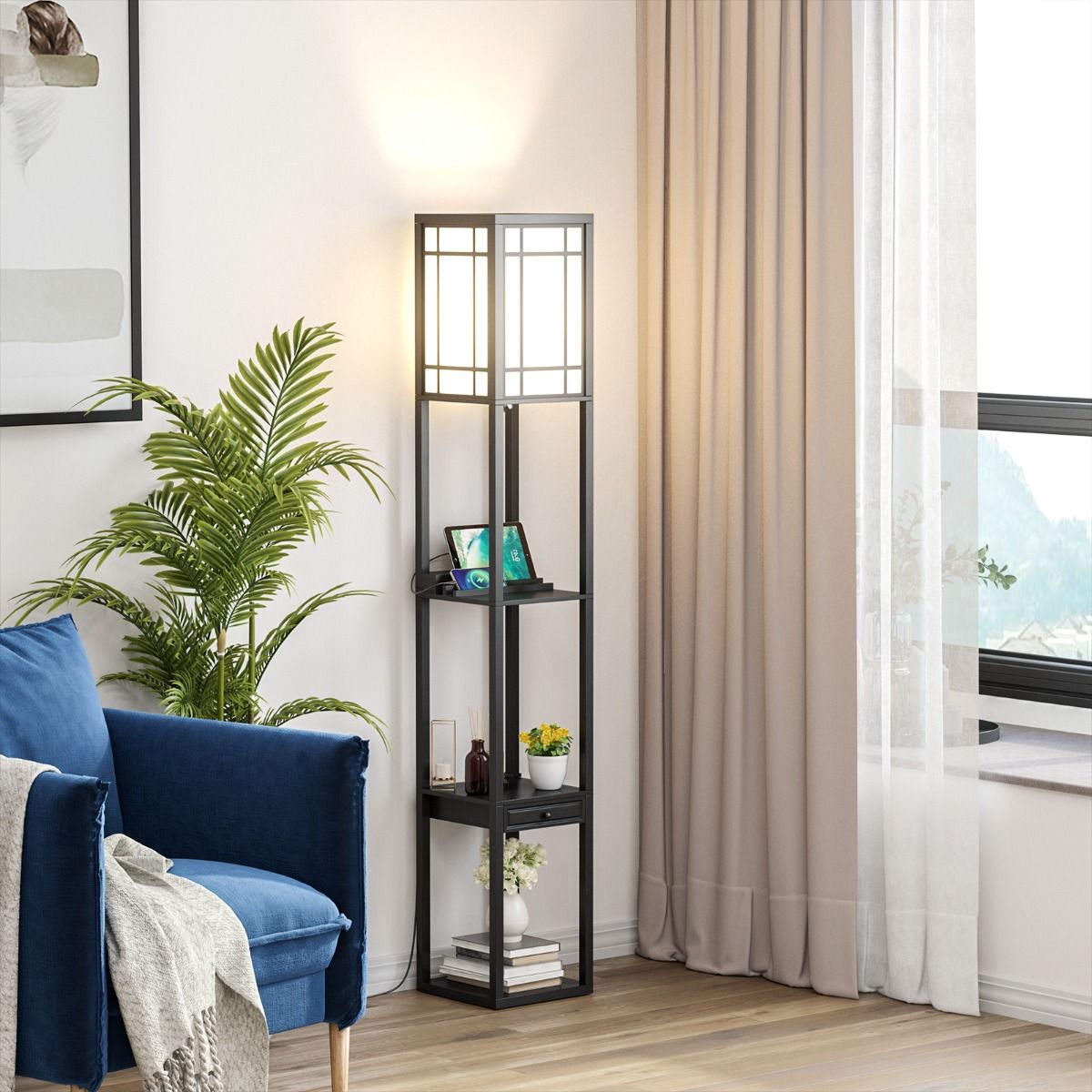 Coast Staande Vloerlamp met 3 Open Vakken - 2 USB-Poorten - 26 x 26 x 161 cm - Zwart