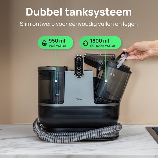 Skrub 4 in 1 Compacte Tapijtreiniger met Heet water - Verwarmbaar tot 60°C - Vlekkenreiniger - 4 Opzetstukken - 1200 Watt - Bankreiniger machine