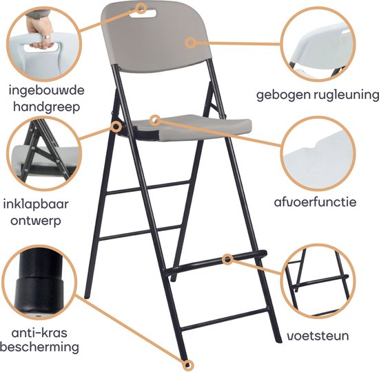 Perel Witte hoge klapstoel voor binnen en buiten, barkruk, met rugleuning en voetsteun, kunststof, ruimtebesparend, ideaal voor evenementen, feesten en catering, met stalen frame en weerbestendige zitting, 45 x 77 x 114 cm