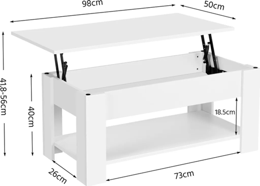Yaheetech Salontafel met Verstelbaar Tafelblad 98 x 50 x 41,8 cm - Wit - Uitschuifbare Lift-up Salontafel met Opbergruimte