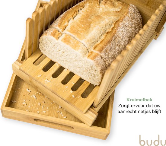 Budu broodsnijder bamboe – Broodsnijder hulpmiddel - Broodplank hout – Broodsnijplank met opvangbak - Bamboe - 30x20cm