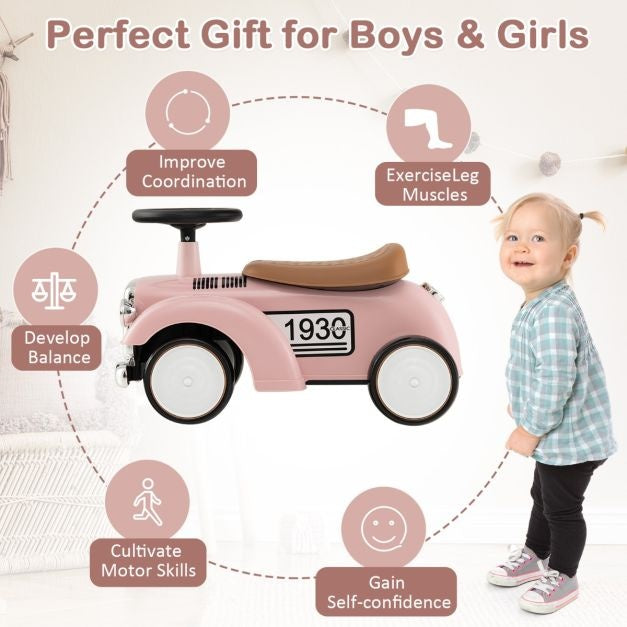 Retro Kinderspeelauto Functioneel Stuur Opbergruimte Onder de Stoel Grote EVA Wielen Loopauto op Vloerhoogte met Leuke Stickers Roze