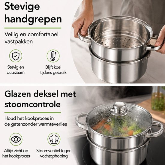 Aviro Stoompan - Glazen Deksel - 3,1L - 20 CM - Inductie En Gas - 3-Delige Rijst- En Groentestomer - RVS