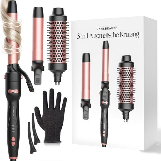 Sansbeauté® 3 in 1 Automatische Krultang met Klem - Keramische Haarkruller - 25mm tot 38mm - Beach Waves - Wavy Hair - Krultangen 33 38 mm 25 mm - Blowout Brush - Haarstyler - Hair Curler - Dunne en Dikke Crimper - Krultang Kort Haar