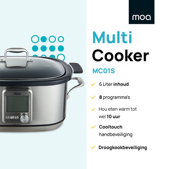 MOA Multicooker - Slowcooker - 8 Kookfuncties - 6 Liter - 1250W - Rijstkoker - Stoomkoker - Sous Vide koker - Yoghurtmaker - RVS - MC01S