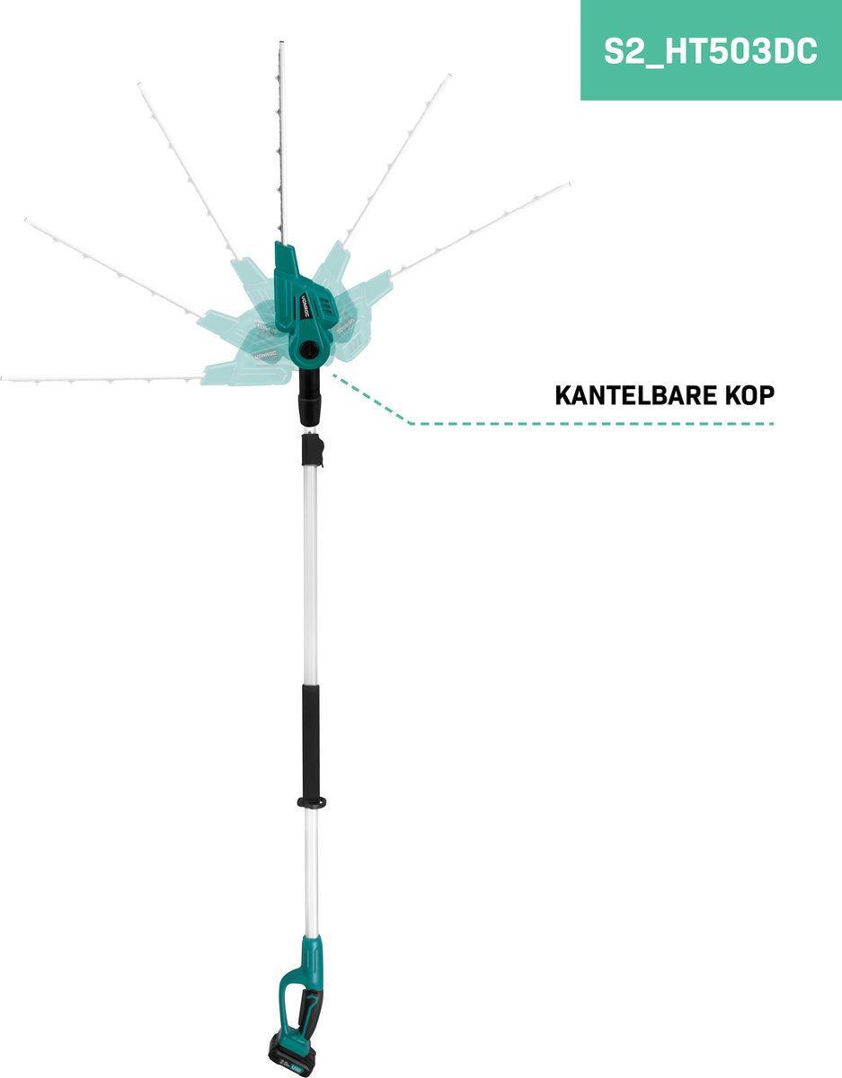 VONROC - Telescopische Accu Heggenschaar 20V - Kantelbaar blad - Traploos verstelbaar (incl. 2x 2.0Ah Accu en snellader) - Groen/Zwart