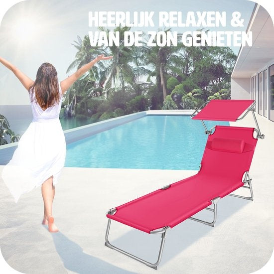 tectake® - ligstoel, robuust, verstelbaar, stalen onderstel met zonnescherm, 4-standen rugleuning inclusief hoofdkussen, strandstoel Ideaal voor tuin, zwembad, camping– pink - 68 x 190 x 28 cm