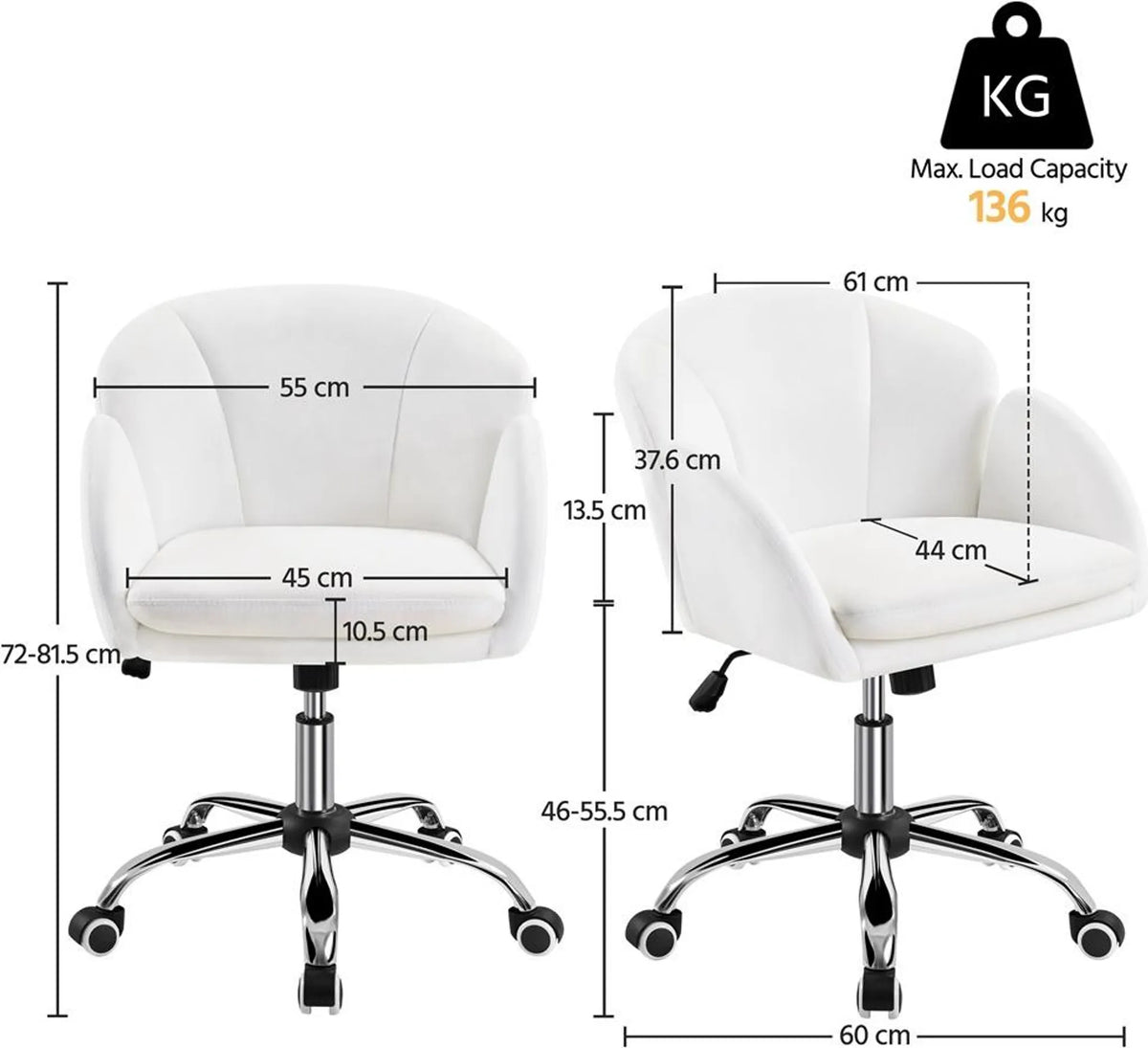Yaheetech Stijlvolle Bureaustoel met Bloemdesign 72-81,5 cm – Sneeuwwit – Polyester en Metaal