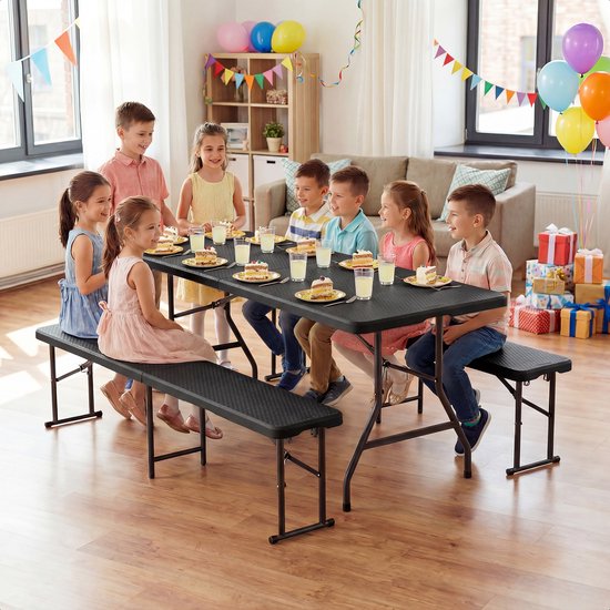 LifeGoods Inklapbare Picknickset - 180cm x 74cm - Tuintafel met 2 Banken - Weerbestendig - Campingtafel - Biertafel Opklapbaar - Voor Binnen en Buiten - Voor 6 tot 8 Personen - Rattan Zwart