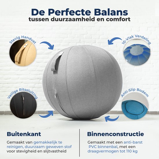 Backerz Zitbal 55 CM - Zitballen met Hoes Linnen - Ergonomische Bureaustoel Kantoor en Thuis - Luxe Yoga Bal - Lichtgrijs