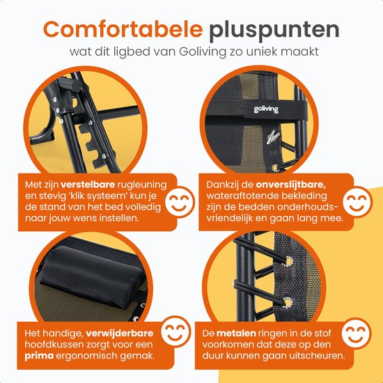Goliving Ligbed - 5 Standen - 188 x 56 x 29 cm - Inklapbaar Zonnebed - Opvouwbaar Strandbed - Ligstoel Tuin - Inclusief Hoofdkussen - Verstelbare Rugleuning - Zwart