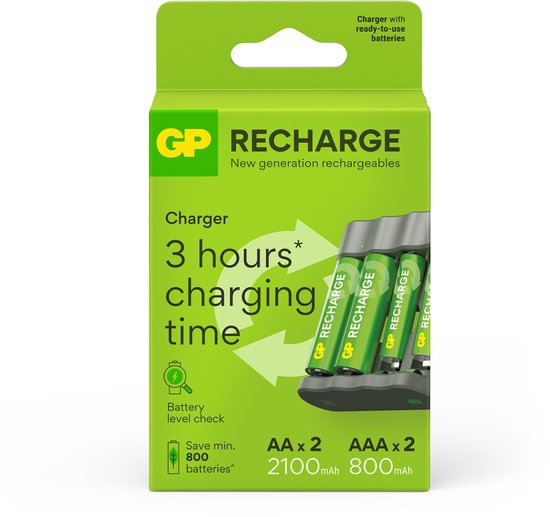 GP Recharge batterijoplader voor AA & AAA batterijen – 4 slots, USB-aansluiting, Veilig en snel opladen, Compacte batterijlader met oplaadbare batterijen 2x AA 2100mAh / 2x AAA 800mAh