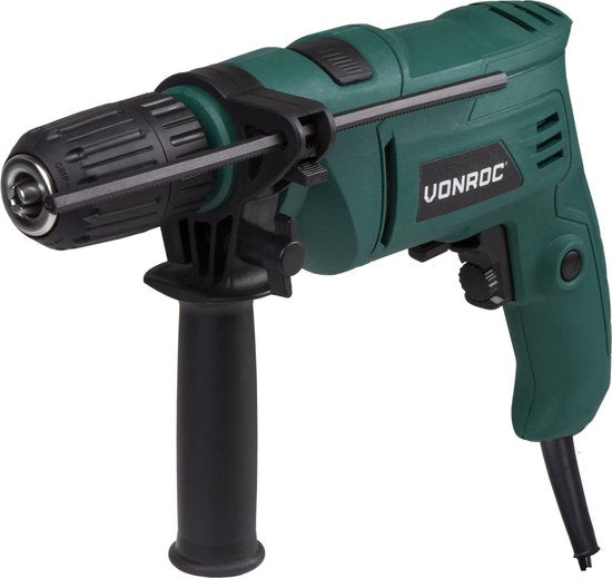 VONROC Klopboormachine – 500W – Snelspanboorkop – Incl. zijhandgreep, diepte aanslag & opbergtas