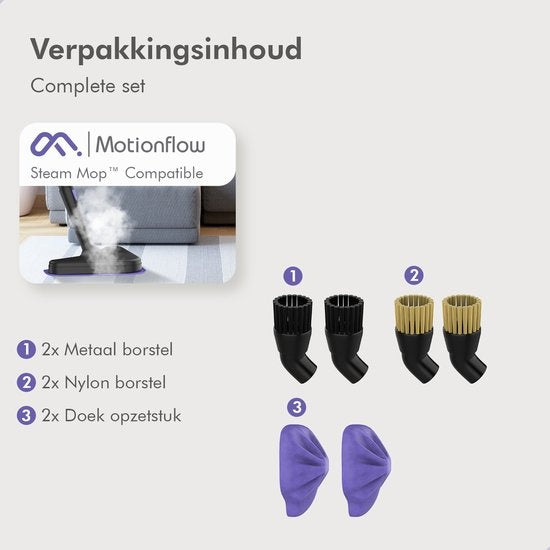 Motionflow borstelset - tbv stoomreiniger MF-ST-002 - Nylon en metalen borstel - Reinigingsdoek