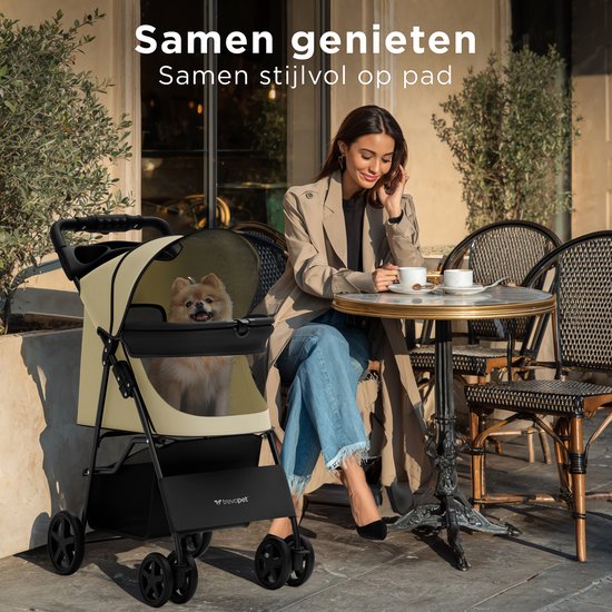 TrevoPet® Inklapbare Hondenbuggy - Voor Kleine en Middelgrote Honden tot 15 kg - Wandelwagen met Bekerhouder & Grote Opbergmand - Beige
