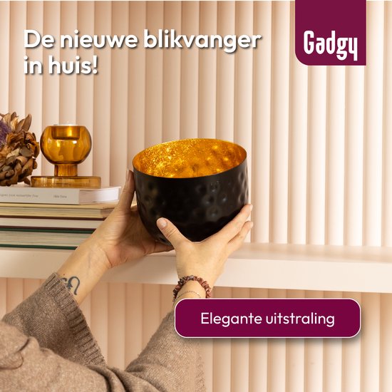 Gadgy Waxinelichthouder Rond - Theelichthouders - Decoratie Woonkamer - Sfeerverlichting Binnen - Kaarsenhouders voor Waxinelichten 14x15 cm - Windlicht Metaal - Zwart/Goud - Cadeau voor Vrouw