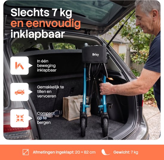 Brixy Rollator - Lichtgewicht & Opvouwbaar - 360° Rubberen Wielen - Zitfunctie - Binnen & Buiten - Rugleuning, Tas & Wandelstokhouder - Blauw