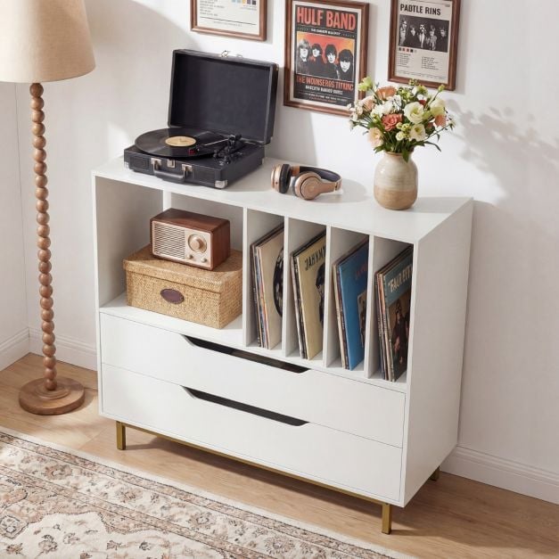Coast Platenspeler Meubel Wit – Retro Vinylkast met 4 Platenvakken en 2 Lades – 91 x 36 x 87 cm